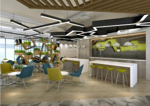 Interior perspective rendering of Airside operation office at Changi Airport. The space blue and green lounge chairs and a long table with bar stools. the wall have a geomtric pattern embossed. the ceiling is designed with dropped lighting with light strips in crisscross pattern.